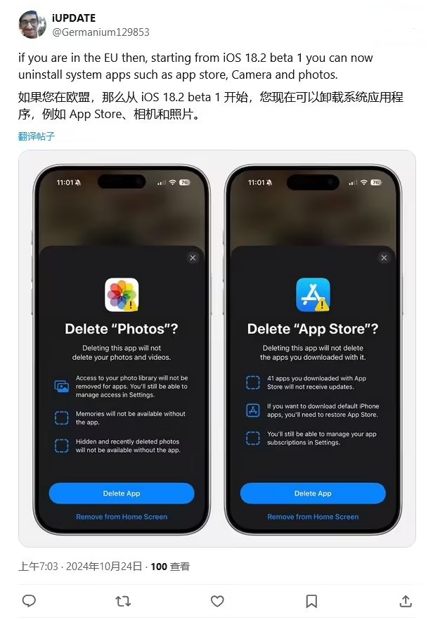 石门苹果手机维修分享iOS 18.2 支持删除 App Store 应用商店 