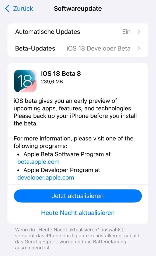 石门苹果手机维修分享苹果 iOS / iPadOS 18 开发者预览版 Beta 8 发布 